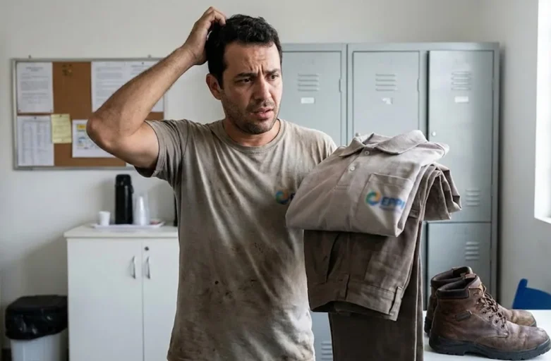 Empresa Exige Uniforme mas Não Fornece: Quem Paga? Entenda a Lei Homem segurando uniforme de trabalho com expressão de dúvida sobre a obrigatoriedade de pagamento, representando direitos trabalhistas.