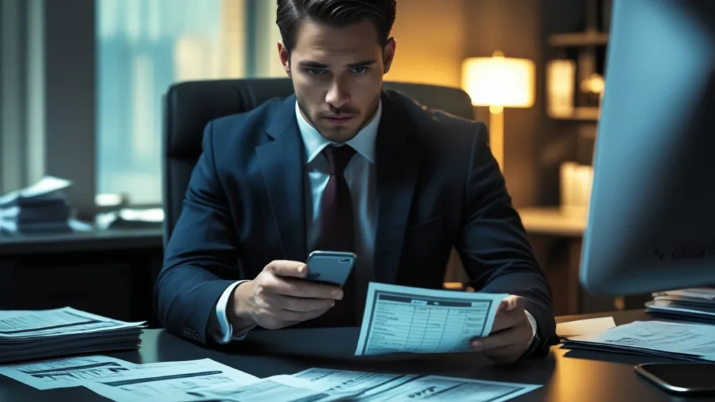 Advogado analisando documentos e celular para orientar vítima de golpe financeiro sobre recuperação de valores.