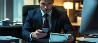 Advogado analisando documentos e celular para orientar vítima de golpe financeiro sobre recuperação de valores.