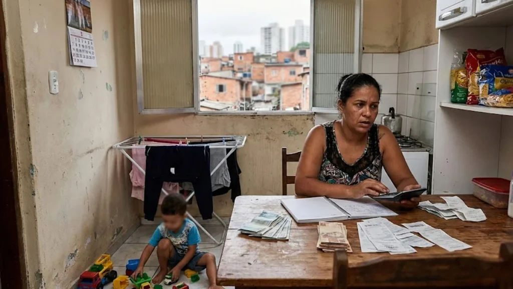 Mãe organizando finanças em casa, ilustrando a busca por pensão alimentícia para o filho mesmo morando sob o mesmo teto.