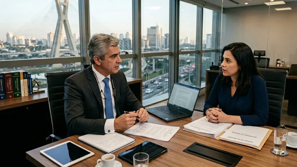 Advogado em reunião consultiva sobre processo de modificação de guarda e direito de família em São Paulo.