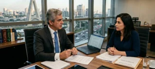 Advogado em reunião consultiva sobre processo de modificação de guarda e direito de família em São Paulo.