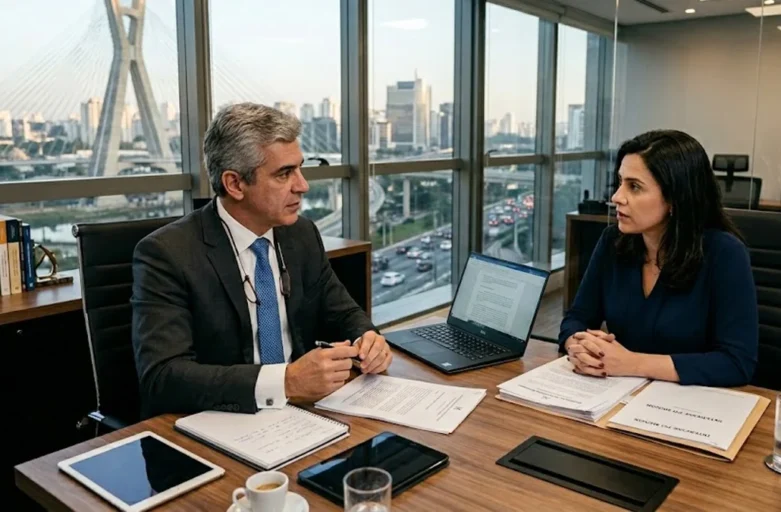 Modificação de Guarda: Quando e Como Pedir a Alteração pelo Interesse do Menor? Advogado em reunião consultiva sobre processo de modificação de guarda e direito de família em São Paulo.