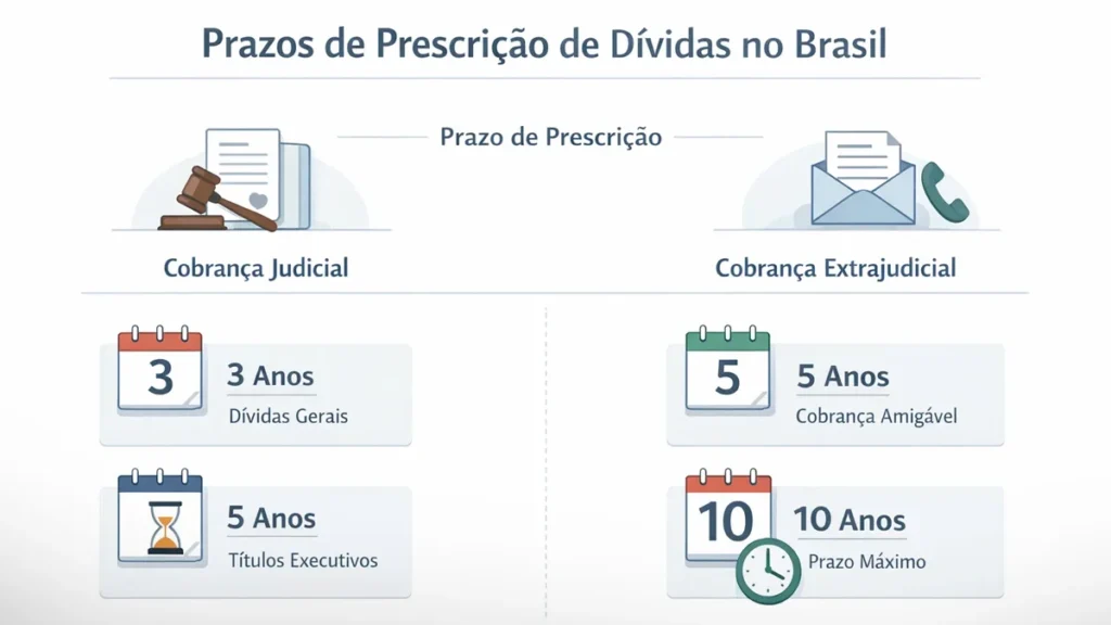 Infográfico sobre prazos de prescrição de dívidas no Brasil e regras para cobrança judicial e extrajudicial.