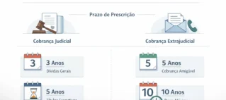Infográfico sobre prazos de prescrição de dívidas no Brasil e regras para cobrança judicial e extrajudicial.