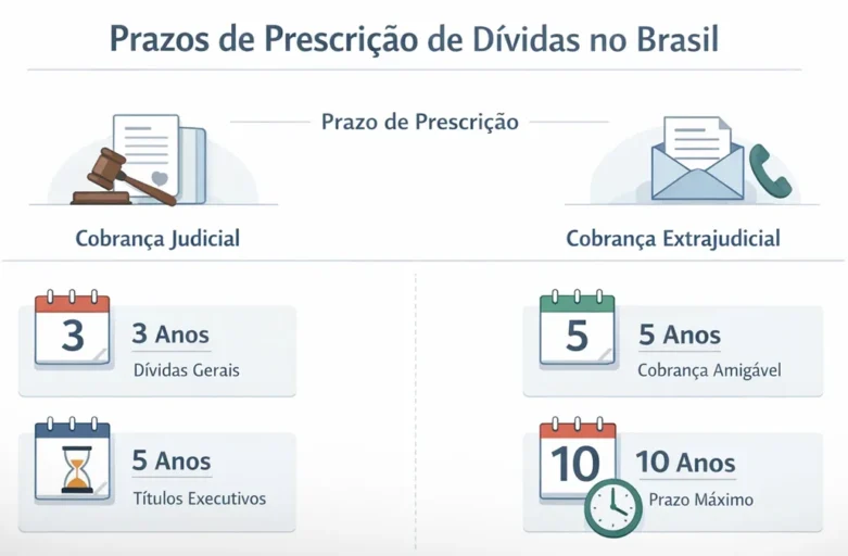 Infográfico sobre prazos de prescrição de dívidas no Brasil e regras para cobrança judicial e extrajudicial.