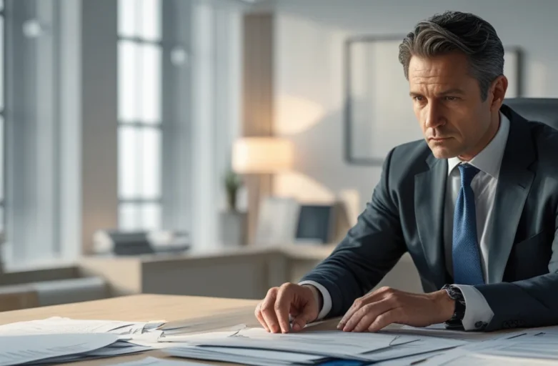 Advogado analisando matrícula de imóvel e documentos de propriedade para regularização em cartório.