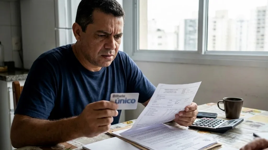 Trabalhador segurando um cartão de transporte e conferindo documentos, representando dúvidas sobre o corte do vale-transporte.