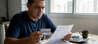 Trabalhador segurando um cartão de transporte e conferindo documentos, representando dúvidas sobre o corte do vale-transporte.