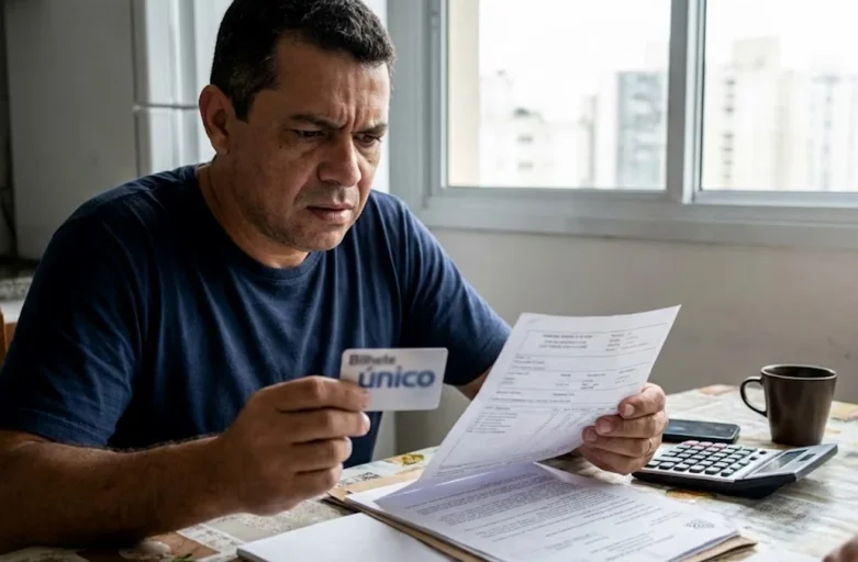 Trabalhador segurando um cartão de transporte e conferindo documentos, representando dúvidas sobre o corte do vale-transporte.