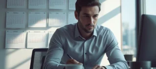 Trabalhador em escritório analisando calendário de feriados e leis trabalhistas sobre pagamento em dobro.