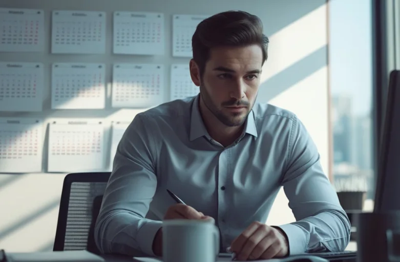 Trabalhador em escritório analisando calendário de feriados e leis trabalhistas sobre pagamento em dobro.