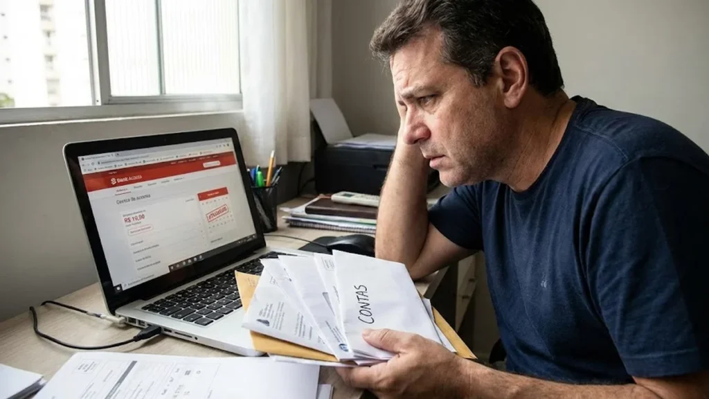 Homem preocupado com contas na mão diante de um computador, representando a angústia pelo atraso frequente de salário.