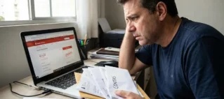 Homem preocupado com contas na mão diante de um computador, representando a angústia pelo atraso frequente de salário.