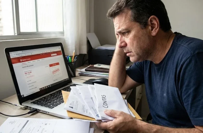 Homem preocupado com contas na mão diante de um computador, representando a angústia pelo atraso frequente de salário.