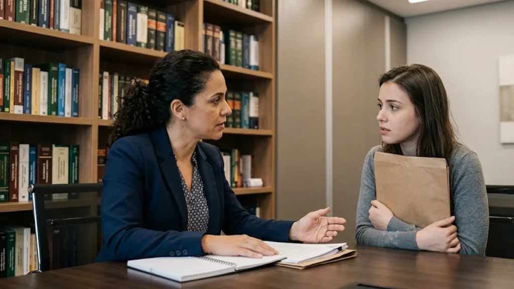 Advogada em atendimento consultivo com cliente mulher em escritório profissional, ambiente acolhedor.