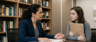 Advogada em atendimento consultivo com cliente mulher em escritório profissional, ambiente acolhedor.