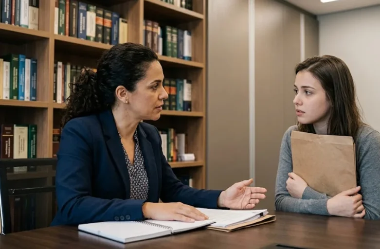 Advogada em atendimento consultivo com cliente mulher em escritório profissional, ambiente acolhedor.