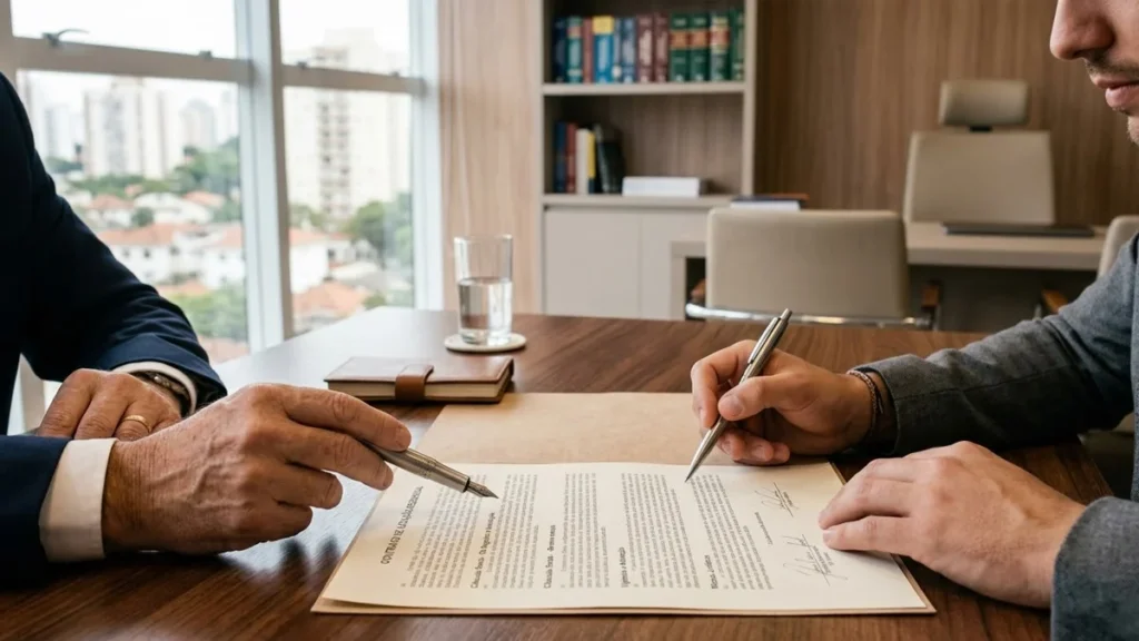 Advogado em escritório consultivo analisando documentos de contrato de locação de imóvel com foco em segurança jurídica.
