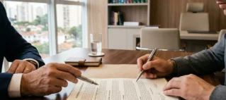 Advogado em escritório consultivo analisando documentos de contrato de locação de imóvel com foco em segurança jurídica.