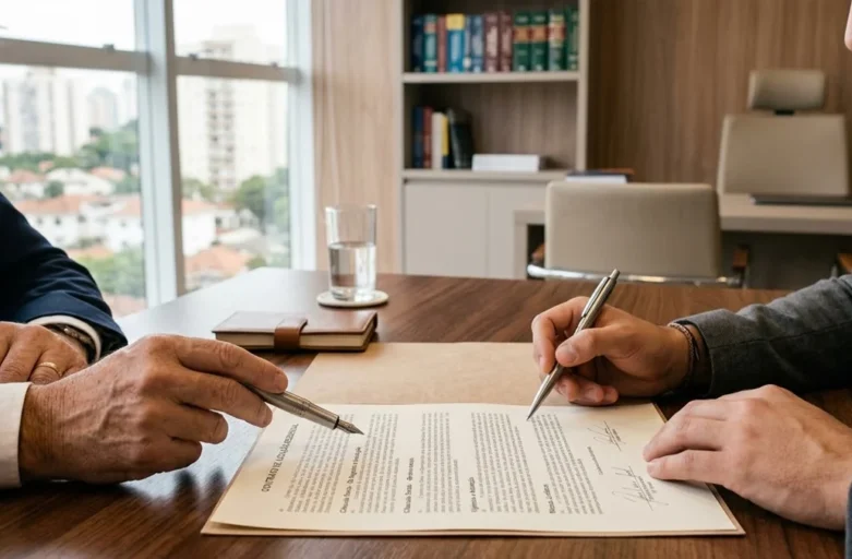 Advogado em escritório consultivo analisando documentos de contrato de locação de imóvel com foco em segurança jurídica.