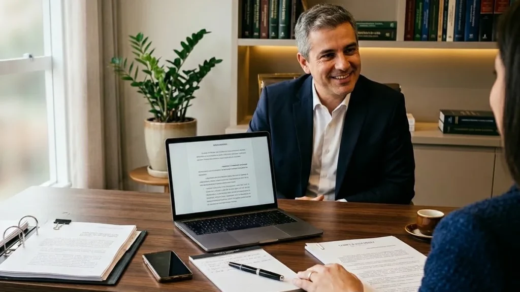 Advogado em escritório analisando documentos e processos de fraude de identidade para cliente em São Paulo.