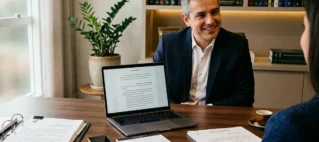 Advogado em escritório analisando documentos e processos de fraude de identidade para cliente em São Paulo.