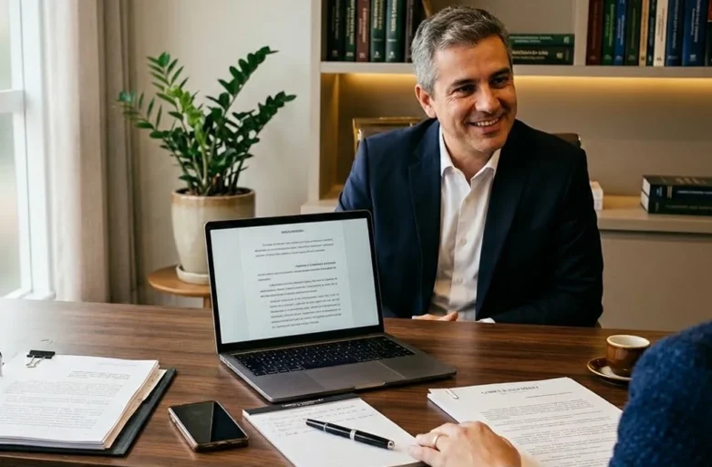 Advogado em escritório analisando documentos e processos de fraude de identidade para cliente em São Paulo.