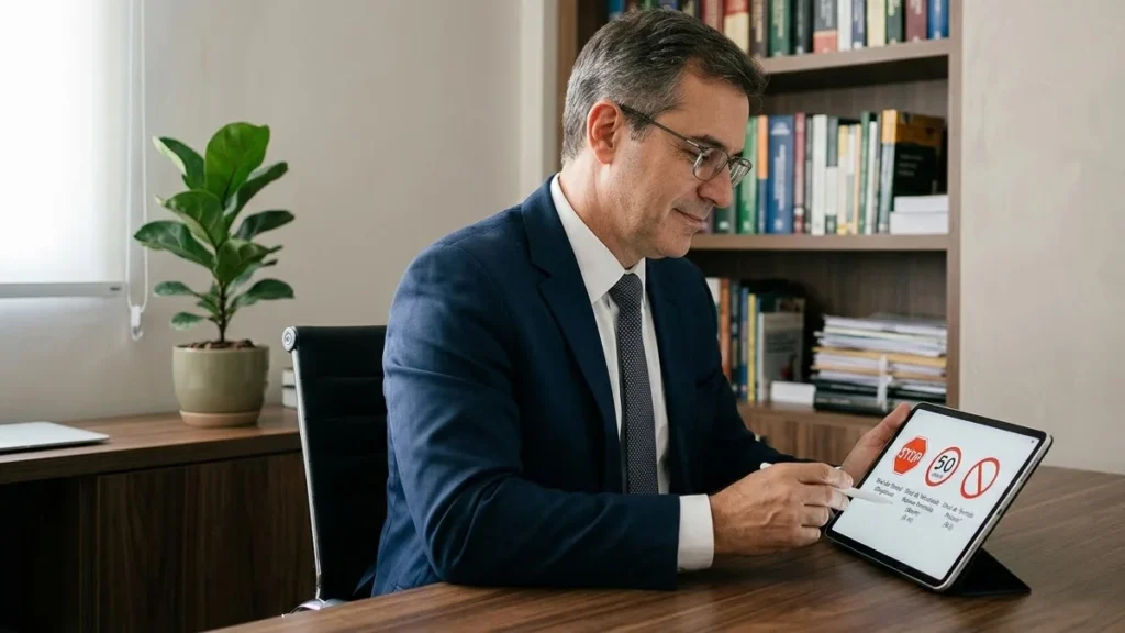 Advogado em escritório consultando código de trânsito para esclarecer dúvidas sobre multas de colete refletivo.