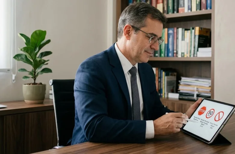 Advogado em escritório consultando código de trânsito para esclarecer dúvidas sobre multas de colete refletivo.
