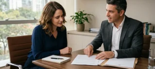 Advogado em reunião consultiva com cliente para tratar de direitos do consumidor e reparação por danos morais.