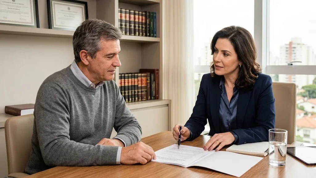 Advogado em reunião consultiva com cliente para discutir provas em processo de exoneração de alimentos.