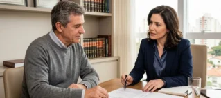 Advogado em reunião consultiva com cliente para discutir provas em processo de exoneração de alimentos.