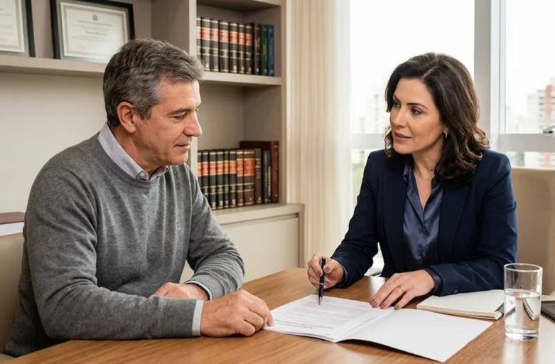 Advogado em reunião consultiva com cliente para discutir provas em processo de exoneração de alimentos.