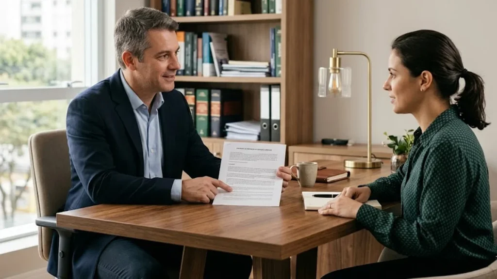Advogado em ambiente de escritório conversando com cliente sobre direitos trabalhistas e pausa de descanso.