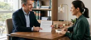 Advogado em ambiente de escritório conversando com cliente sobre direitos trabalhistas e pausa de descanso.