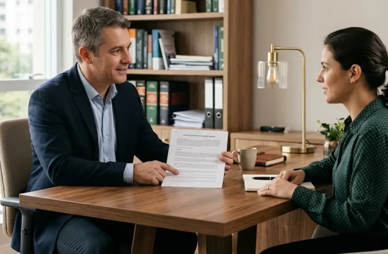Advogado em ambiente de escritório conversando com cliente sobre direitos trabalhistas e pausa de descanso.