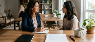 Advogado em atendimento consultivo com cliente em escritório sóbrio, discutindo documentos sobre direito de família.