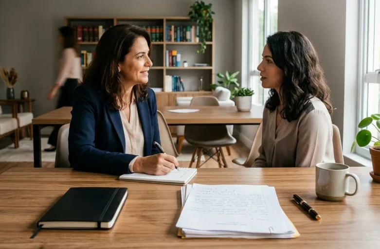 Advogado em atendimento consultivo com cliente em escritório sóbrio, discutindo documentos sobre direito de família.