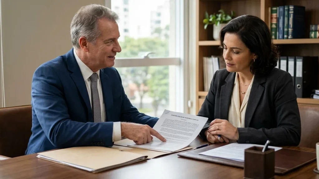 Advogado em reunião consultiva com cliente discutindo documentos de partilha de bens em escritório sóbrio.