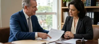 Advogado em reunião consultiva com cliente discutindo documentos de partilha de bens em escritório sóbrio.