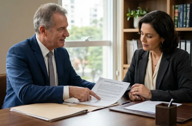 Advogado em reunião consultiva com cliente discutindo documentos de partilha de bens em escritório sóbrio.