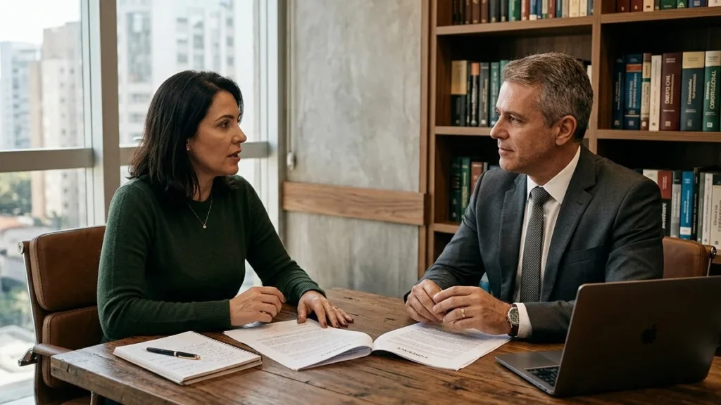 Advogado e cliente em reunião séria discutindo documentos contratuais de plano de saúde em escritório moderno.