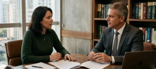 Advogado e cliente em reunião séria discutindo documentos contratuais de plano de saúde em escritório moderno.