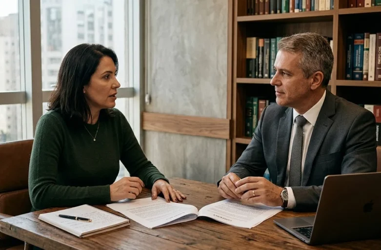 Demissão e Plano de Saúde: Como manter o convênio após o desligamento? Advogado e cliente em reunião séria discutindo documentos contratuais de plano de saúde em escritório moderno.