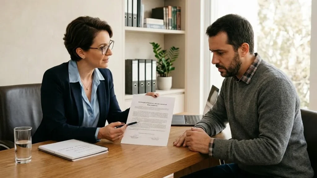 Advogado em ambiente de escritório sóbrio conversando e orientando um cliente preocupado sobre problemas legais.