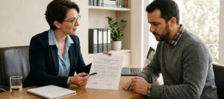 Advogado em ambiente de escritório sóbrio conversando e orientando um cliente preocupado sobre problemas legais.