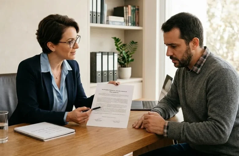 Advogado em ambiente de escritório sóbrio conversando e orientando um cliente preocupado sobre problemas legais.