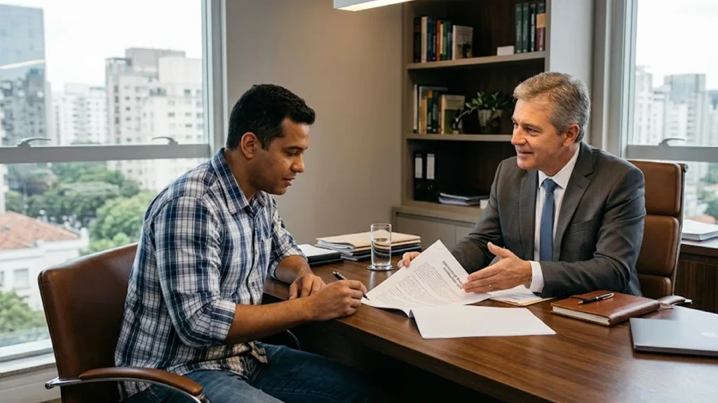 Advogado em escritório de advocacia conversando com trabalhador sobre direitos e estabilidade na CIPA.