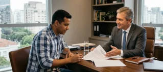 Advogado em escritório de advocacia conversando com trabalhador sobre direitos e estabilidade na CIPA.